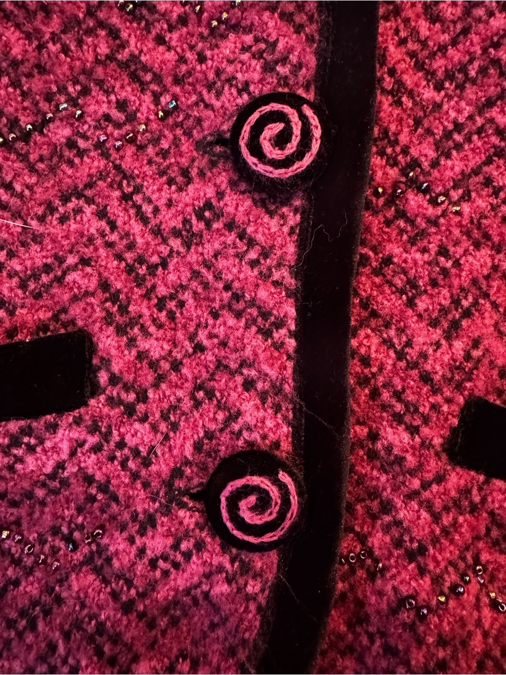 Vintage Icelandic Designs Purple Herringbone Knit Cardigan | Black Velvet Trim - Picture 7 of 11